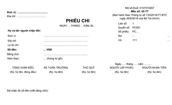 Mẫu phiếu chi theo TT-133-BTC