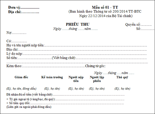 Mẫu phiếu thu tiền mặt theo TT 200 BTC